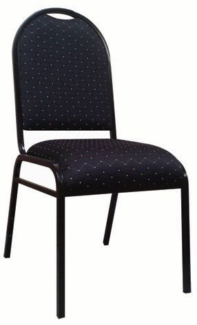 A black banquet chair with polka dots on the seat and back on a white background.
