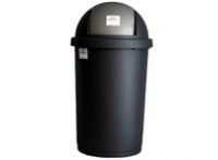 A black trash can with a grey lid on a white background.