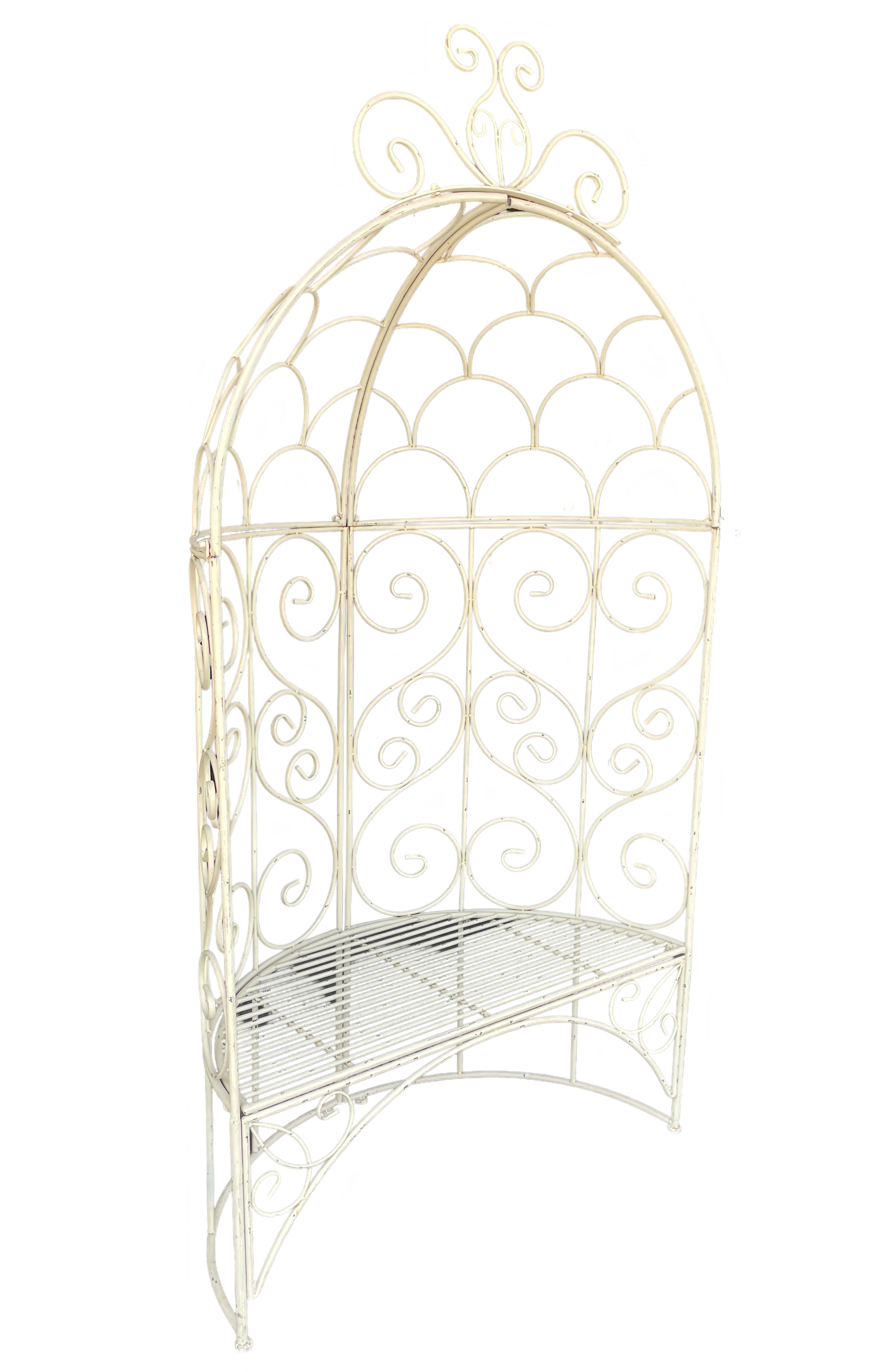 A white wrought iron arch with a shelf underneath it