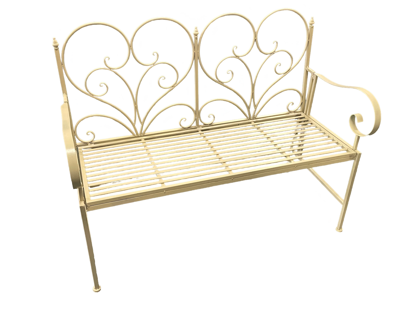 A white wrought iron bench on a white background