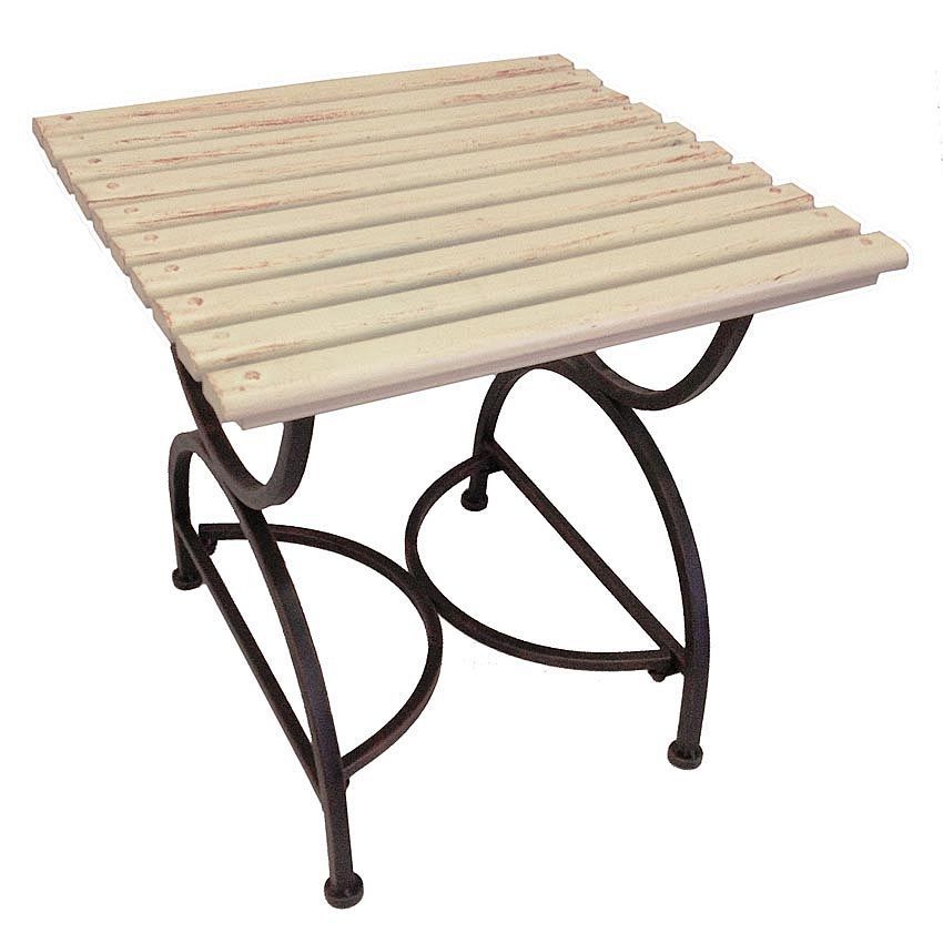 A small wooden table with a metal frame on a white background