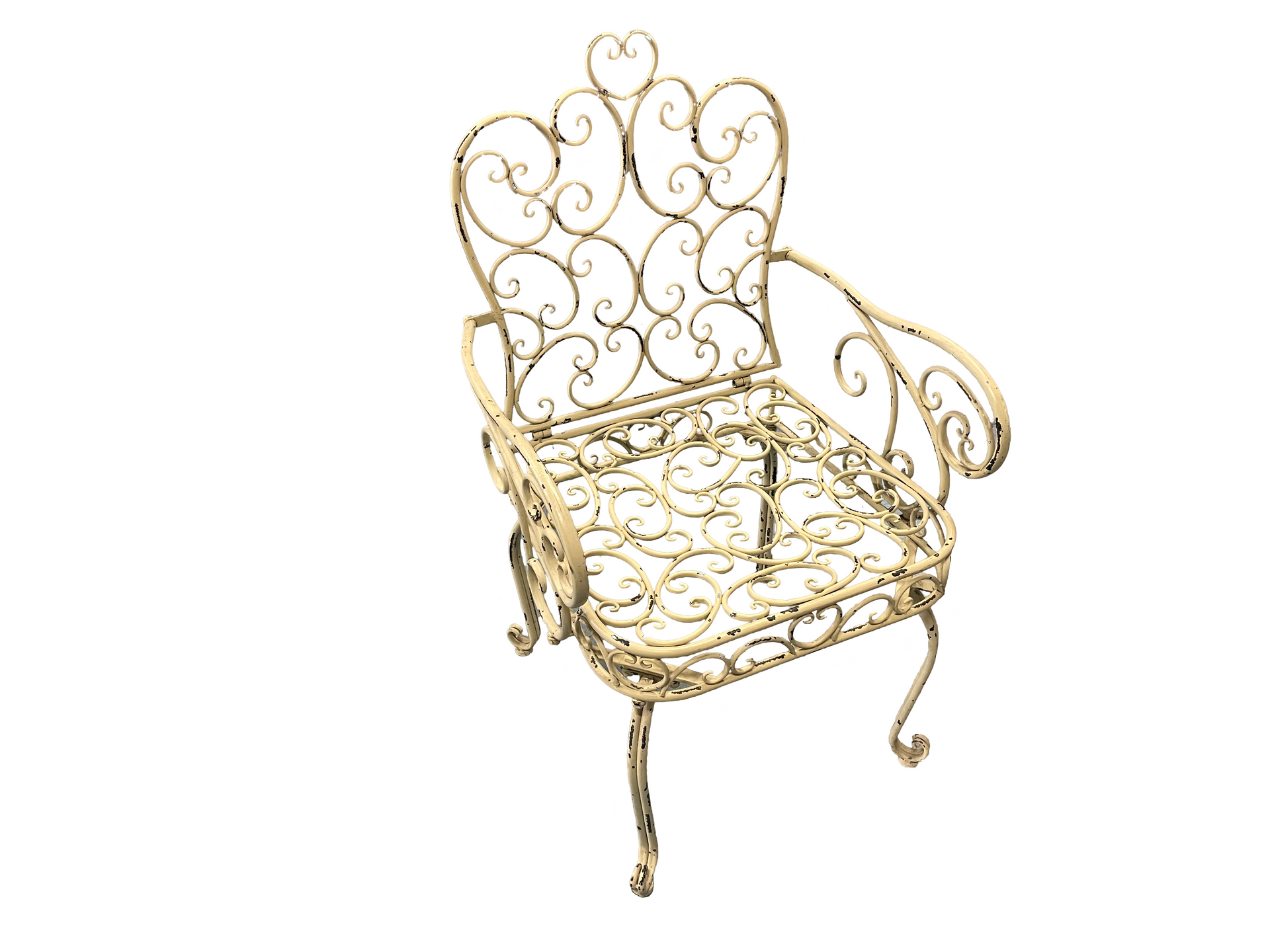A wrought iron chair on a white background