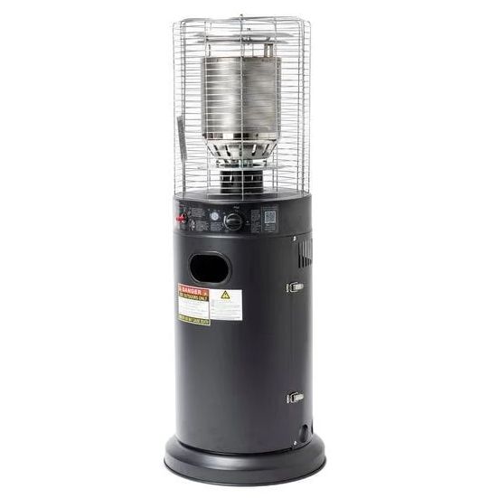 A stainless steel patio heater on a white background.