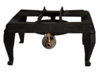 A black stove with a brass hose attached to it on a white background.