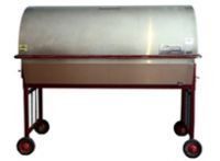 A large stainless steel grill with wheels on a white background.