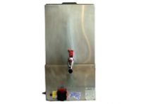 A stainless steel water dispenser with a red faucet on a white background.