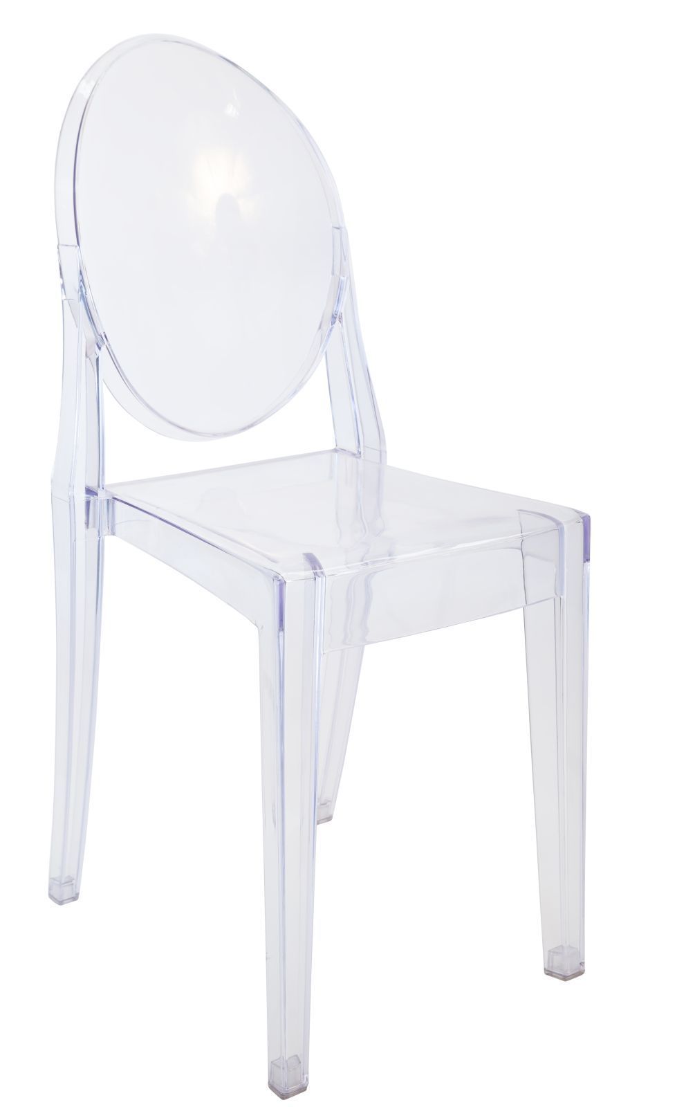 A clear acrylic chair with a round back on a white background.