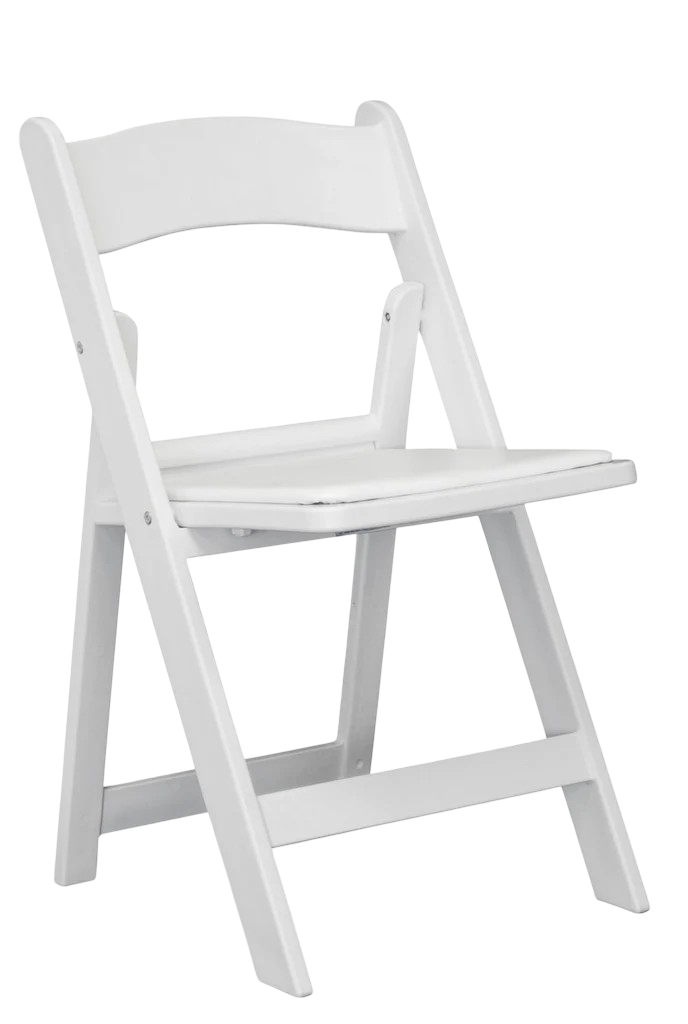 A white folding chair with a white cushion on a white background.