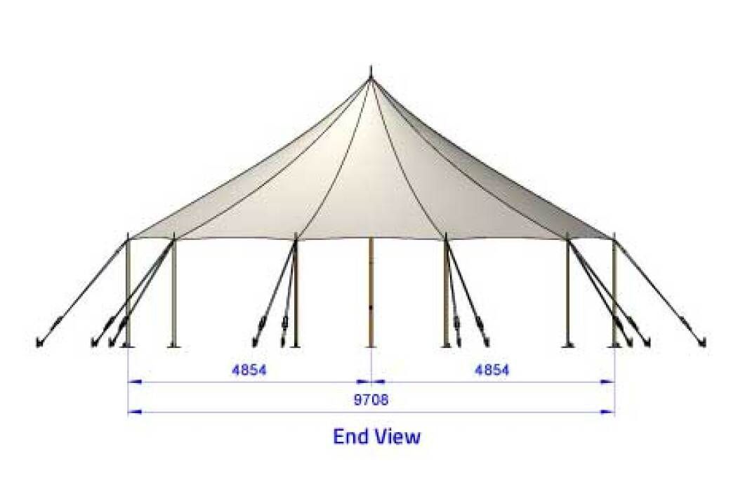A drawing of a tent with measurements on a white background.