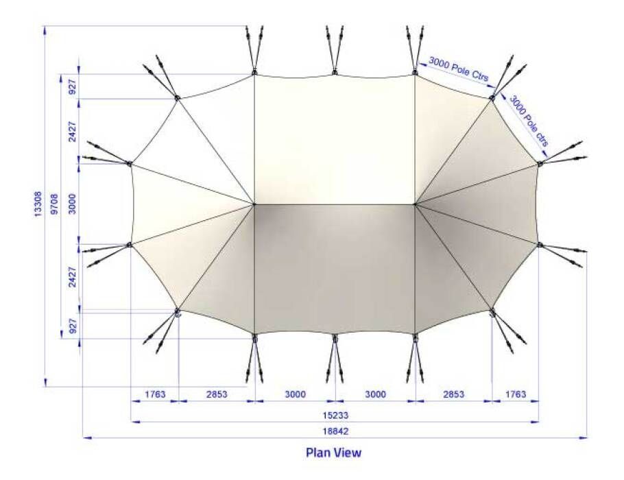 A drawing of a tent with the word plan view at the bottom