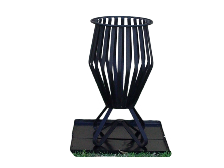 A black fire pit is sitting on top of a black tray.