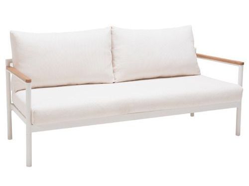 A white couch with wooden arm rests on a white background.