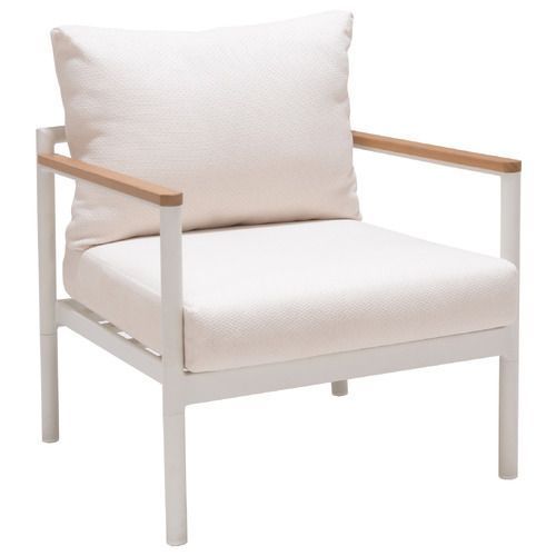 A white chair with a white cushion and wooden arm rests