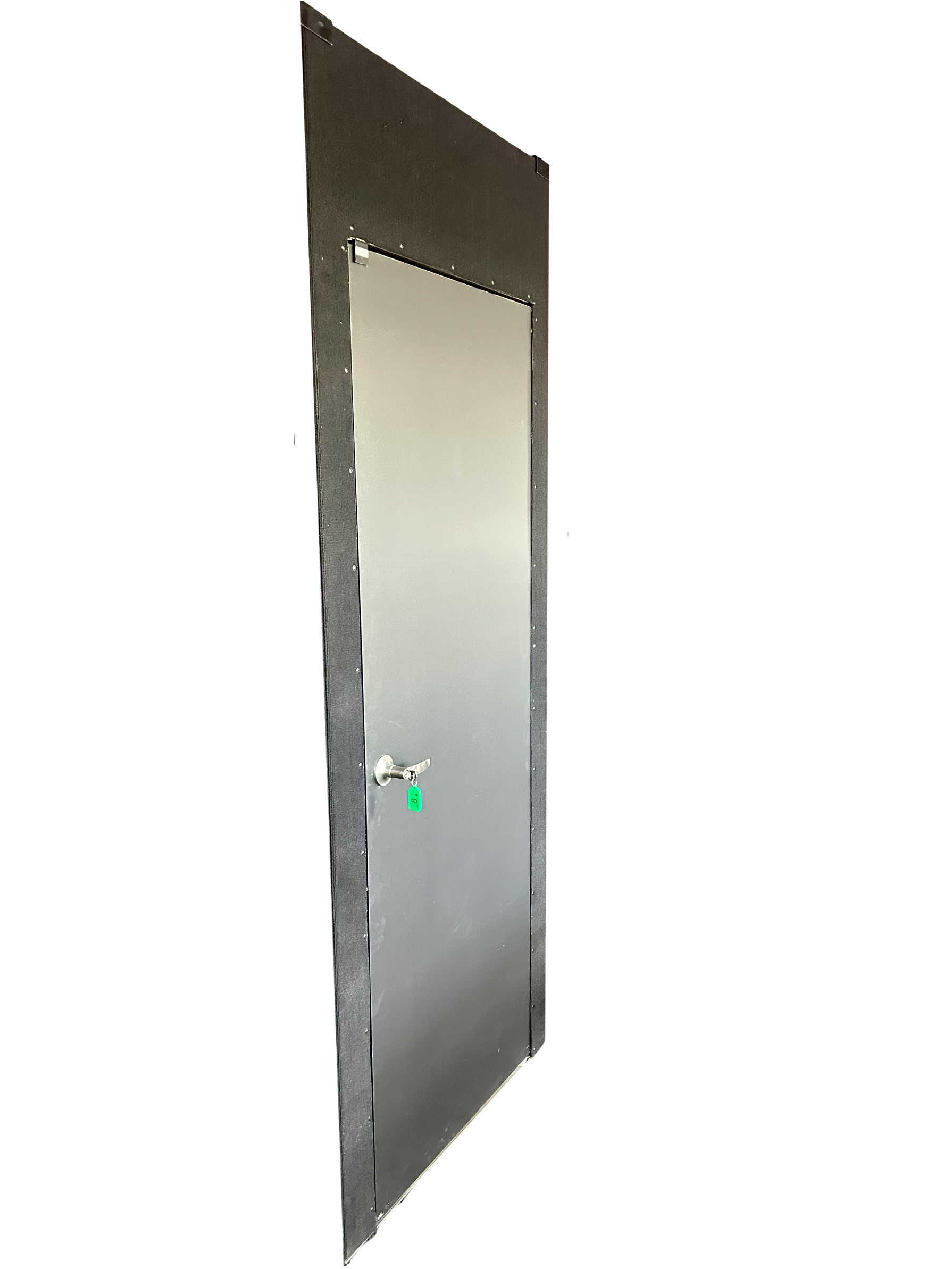 A stainless steel door with a green handle on a white background.