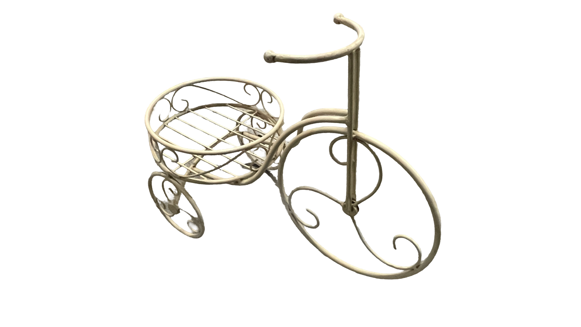 A wrought iron bicycle with a basket on the side on a white background.
