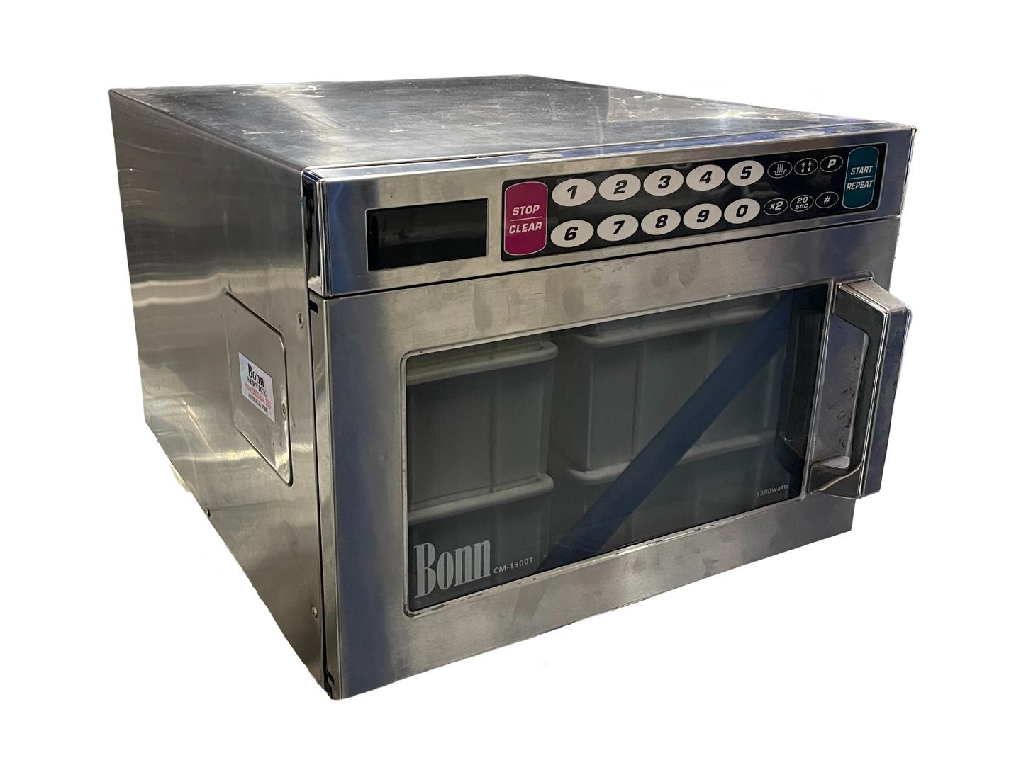 A stainless steel microwave oven with a glass door on a white background.