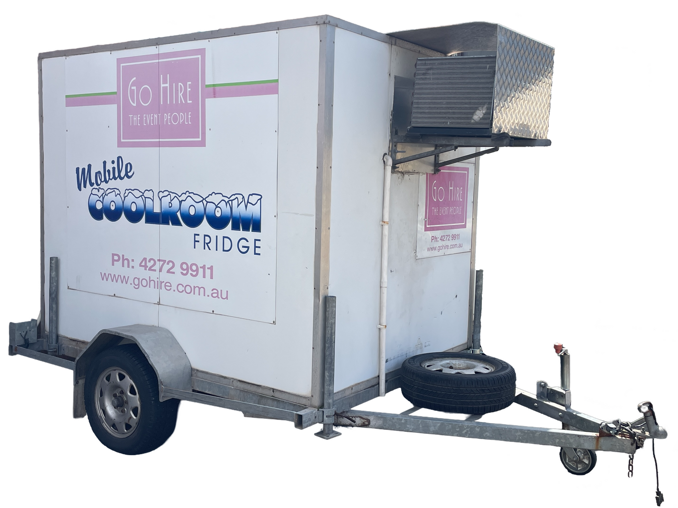 A white trailer with a fridge attached to it.