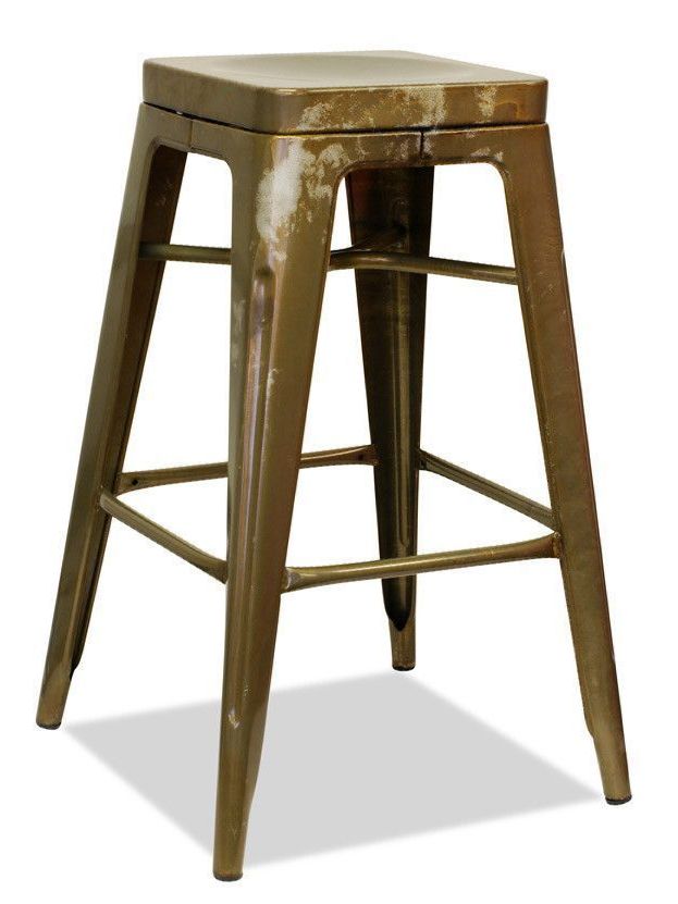 A stool with a wooden top and metal legs on a white background