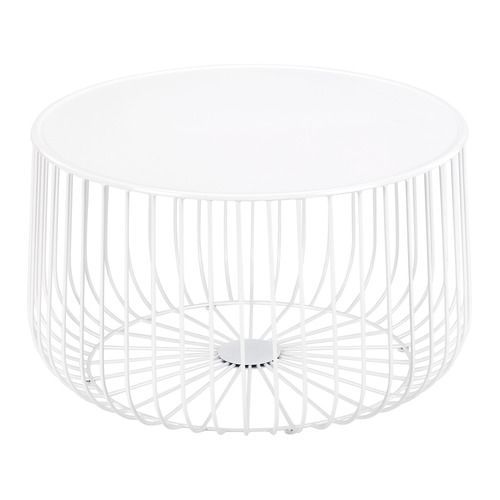 A white coffee table with a wire frame and a glass top.