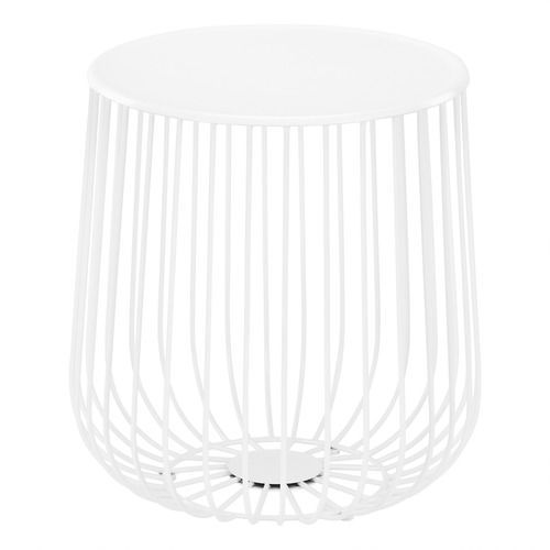 A white wire side table with a round top on a white background.