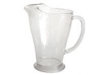 A clear plastic pitcher with a handle on a white background.