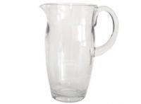 A clear glass pitcher with a handle on a white background.