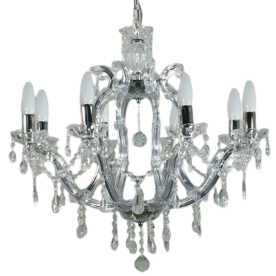 A clear chandelier with candles hanging from it