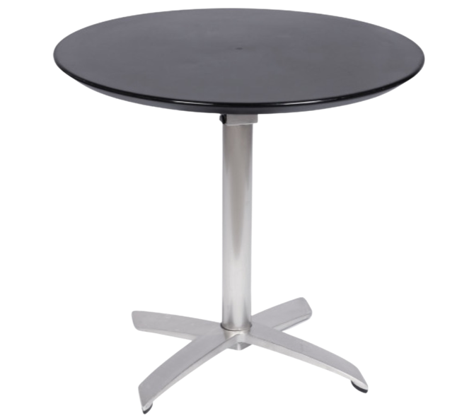 A round table with a silver base and a black top