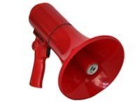 A red megaphone with a handle on a white background.