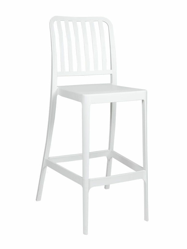 A white bar stool with a wooden frame on a white background.