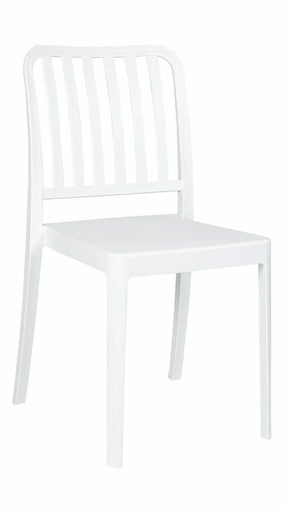 A white plastic chair with a striped back on a white background.