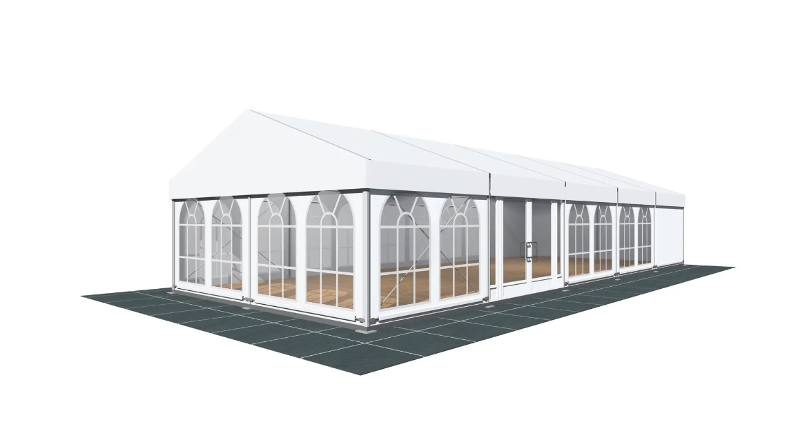 A 3d model of a large white tent with lots of windows.