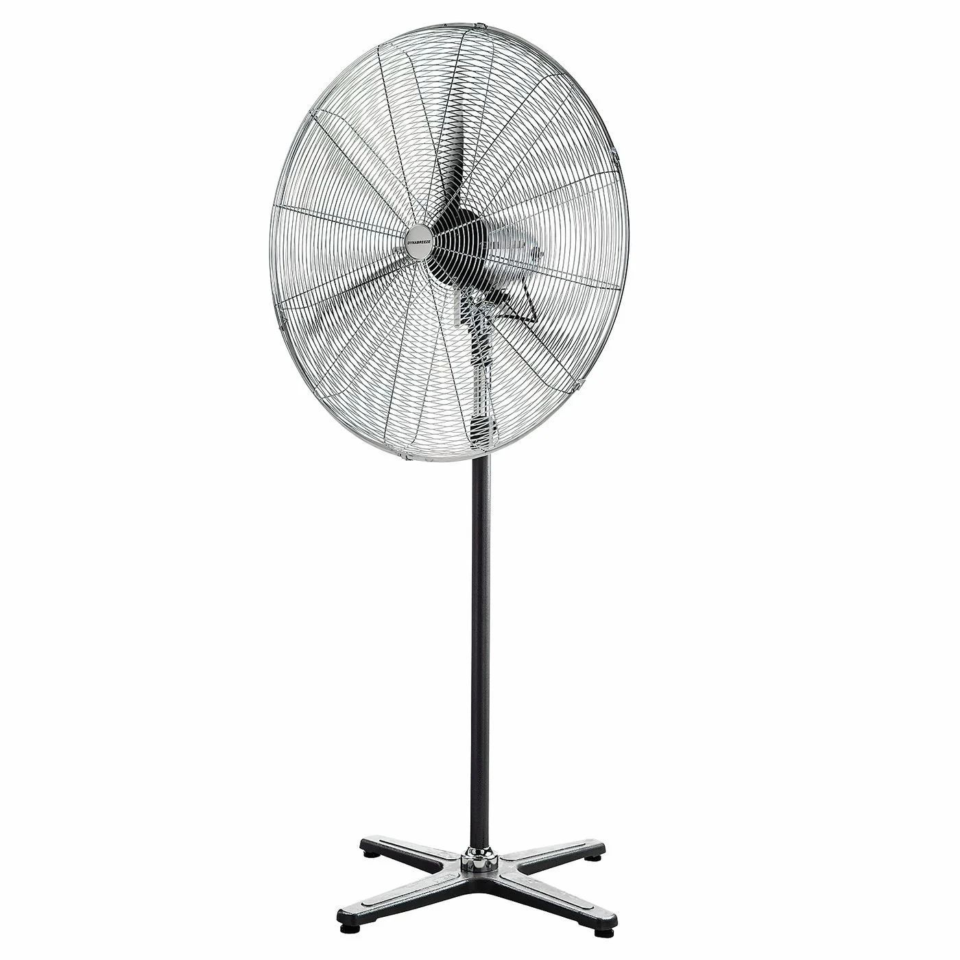 A large fan is sitting on a stand on a white background.