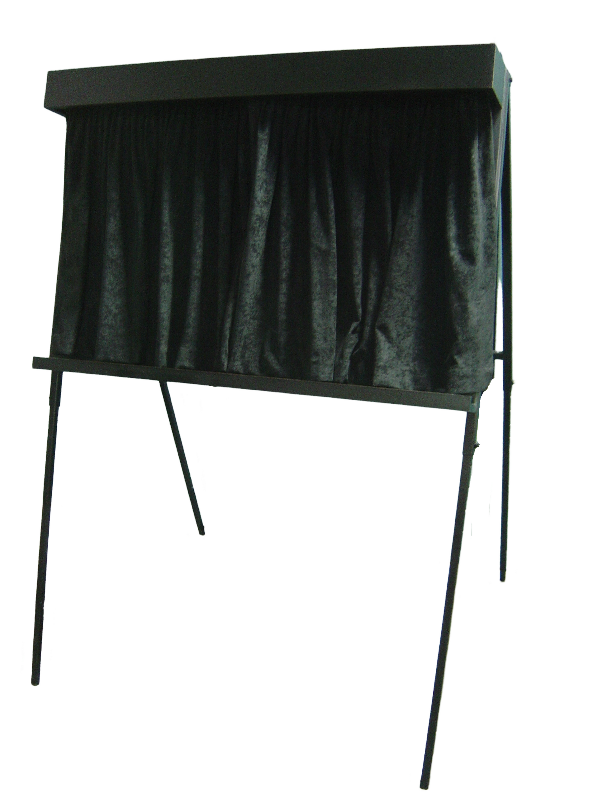 A black table with a black curtain on top of it