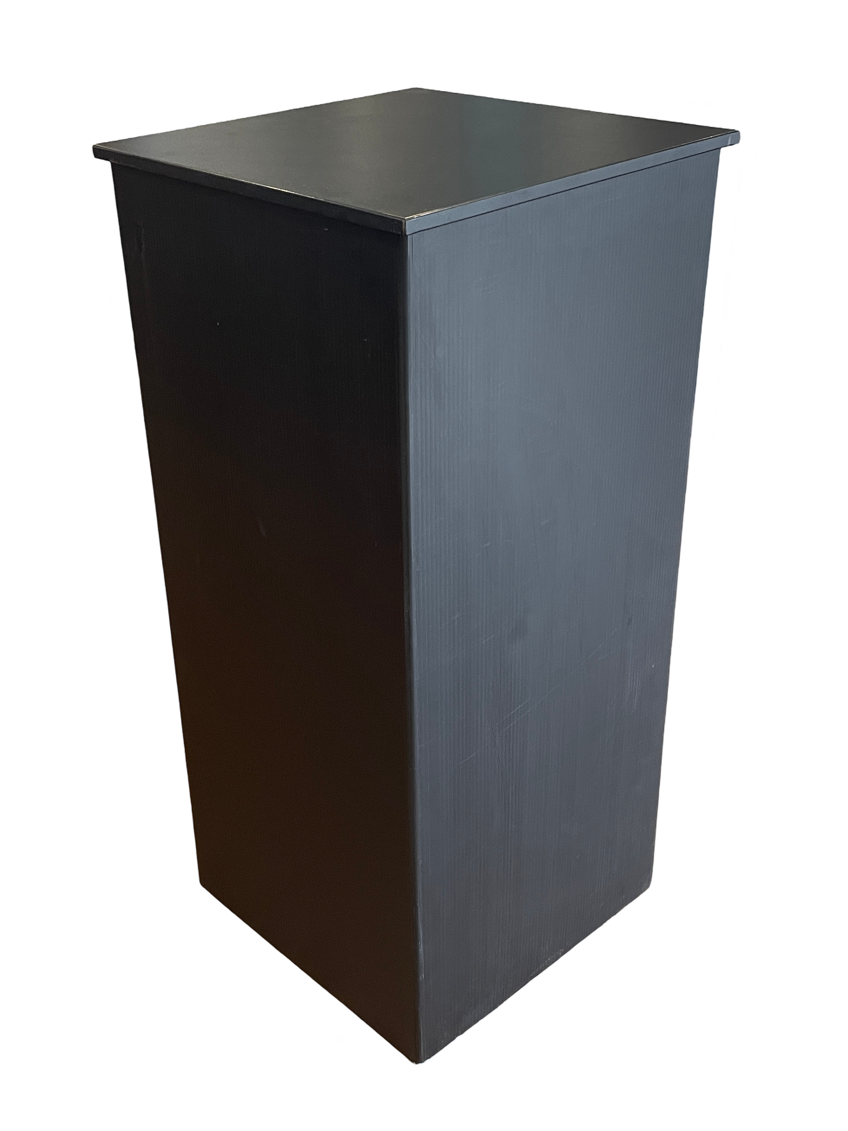 A black trash can with a lid on a white background.