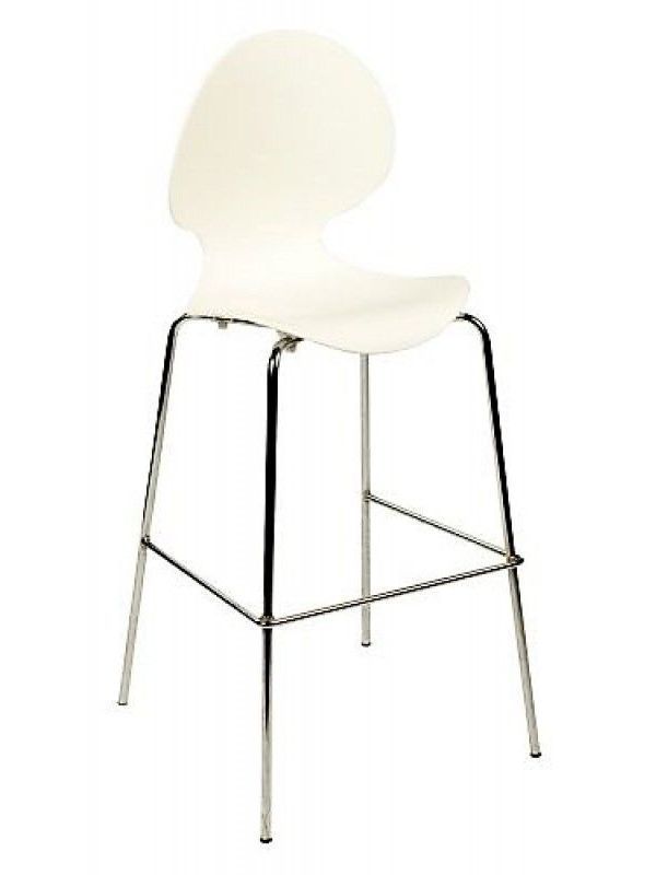 A white bar stool with chrome legs on a white background
