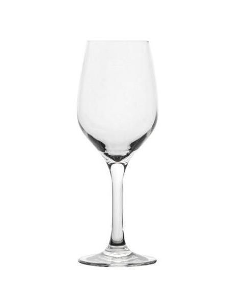 A clear wine glass on a white background.