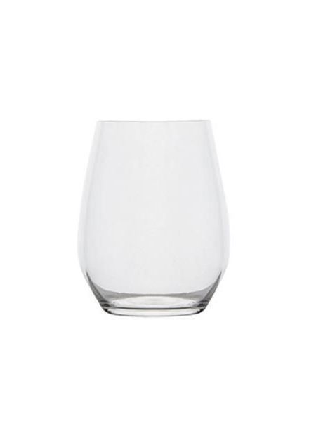 A clear glass is sitting on a white surface.