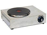 A stainless steel electric stove with a round burner on a white background.