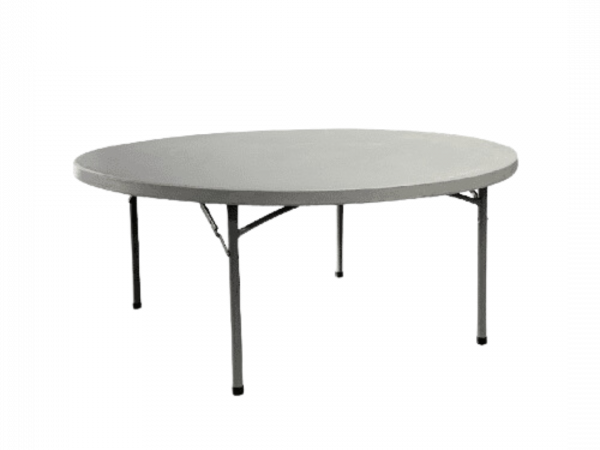 A round table with a white top and black legs on a white background.