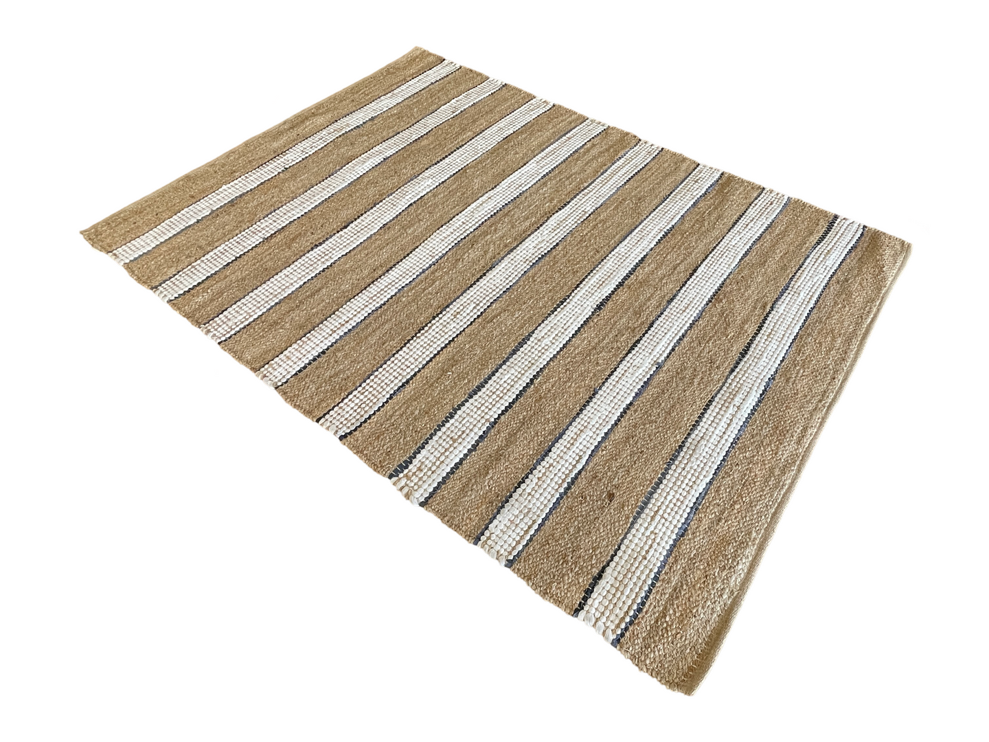 A brown and white striped rug on a white background