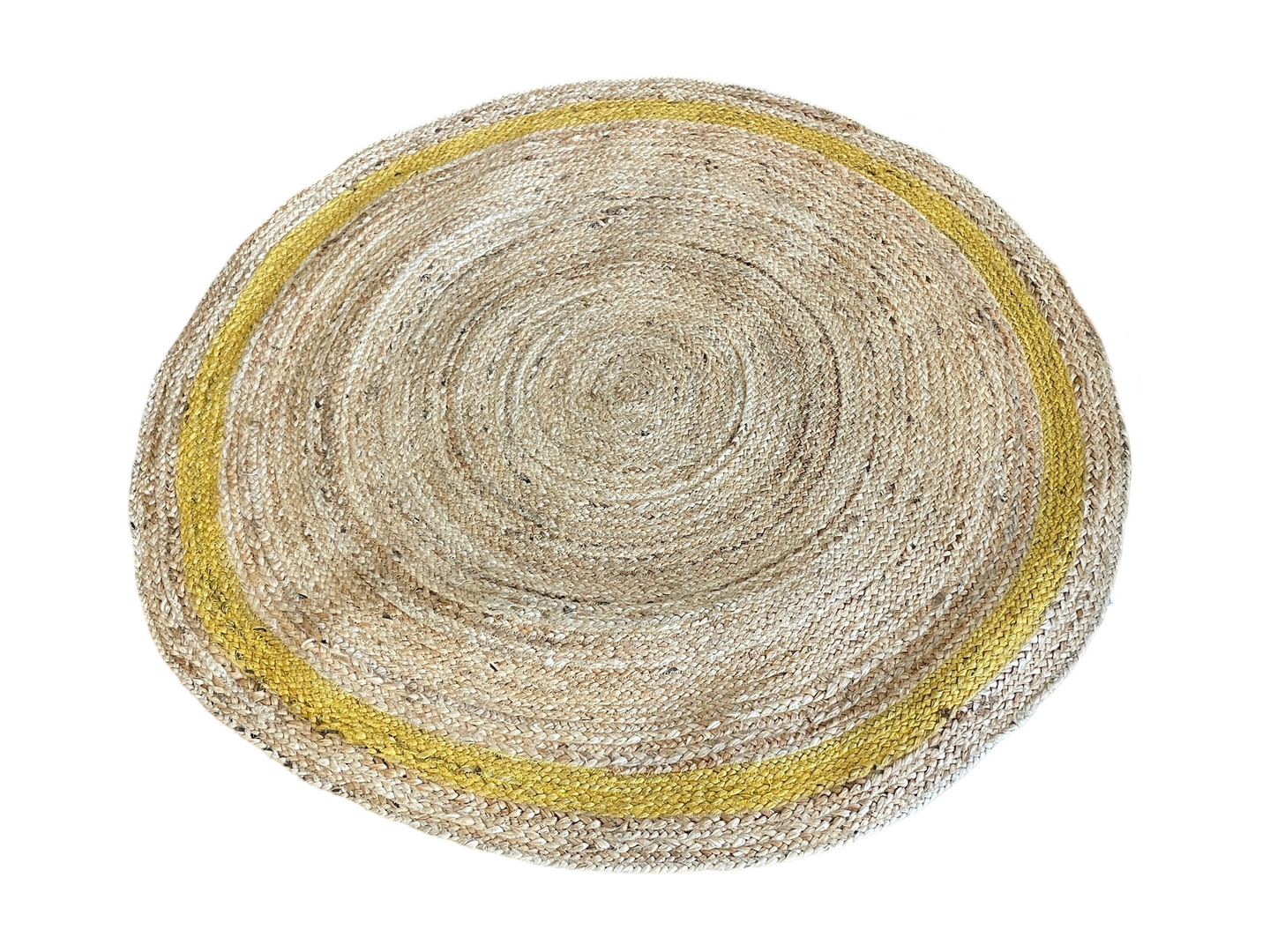 A round rug with a yellow stripe on it on a white background.