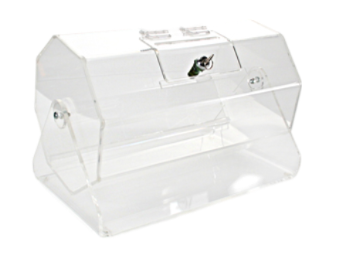 A clear acrylic container with a lock on the lid on a white background.