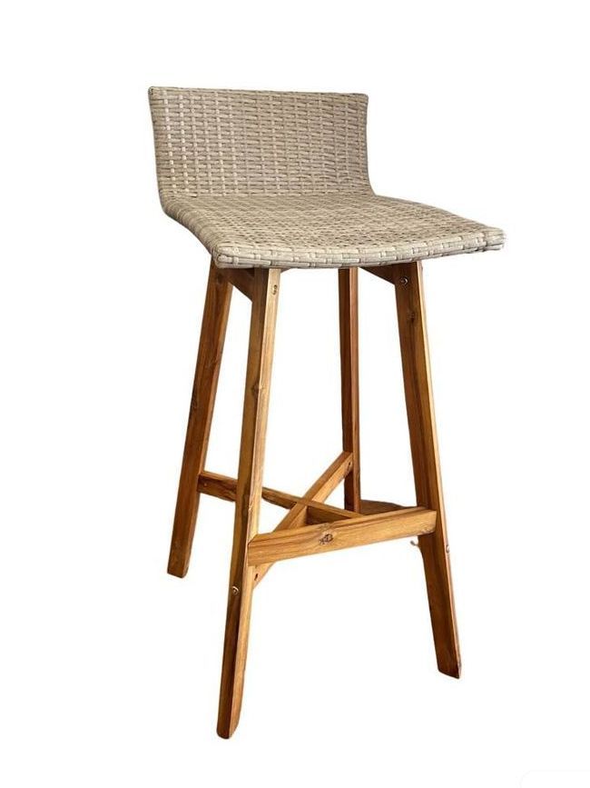 A bar stool with a wicker seat and wooden legs on a white background.