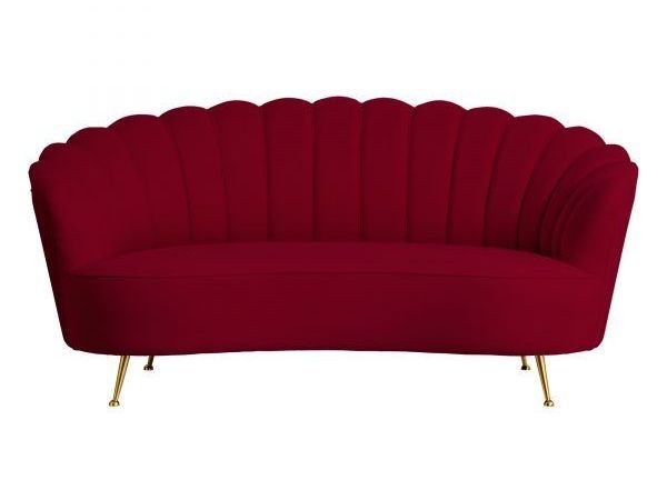 A red couch with gold legs on a white background