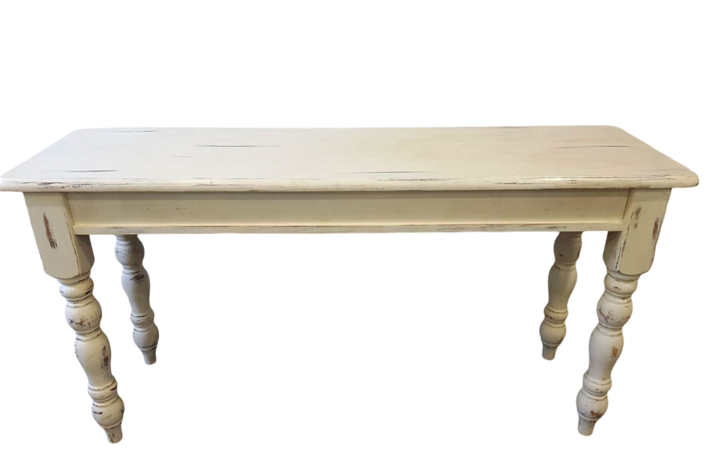 A white table with wooden legs on a white background.