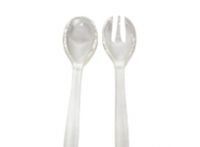 A close up of a salad spoon and fork on a white background.