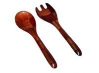 A wooden spoon and fork on a white background.