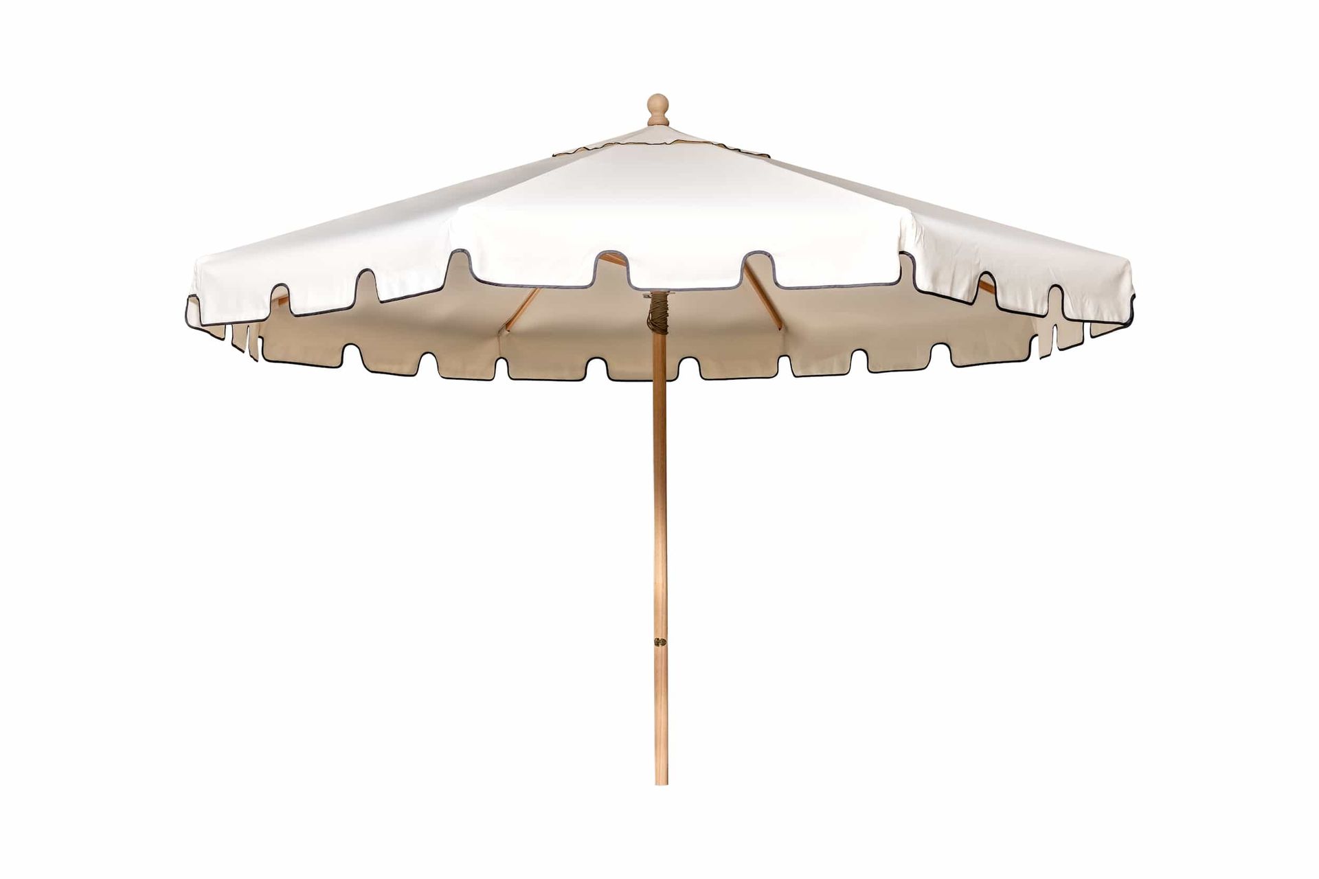 A natural coloured Scallop Market Umbrella with black trim and a eucalyptus timber pole on a white background.