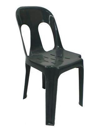 A black plastic chair with two holes in the back on a white background.
